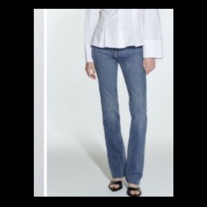 - -Zara hidden button fly 5 pocket high rise straight leg raw hem dark deni…